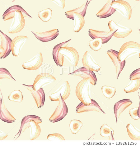 Garlic cloves whole cloves and sliced in pieces seamless pattern. Watercolor garden vegetables, food seasoning. Hand painted illustration on isolated pastel coloured background for fabric, wallpaper. Garlic cloves whole cloves and sliced in pieces seamless pattern. Watercolor garden vegetables, food seasoning. Hand painted illustration on isolated pastel coloured background for fabric, wallpaper. 139261256