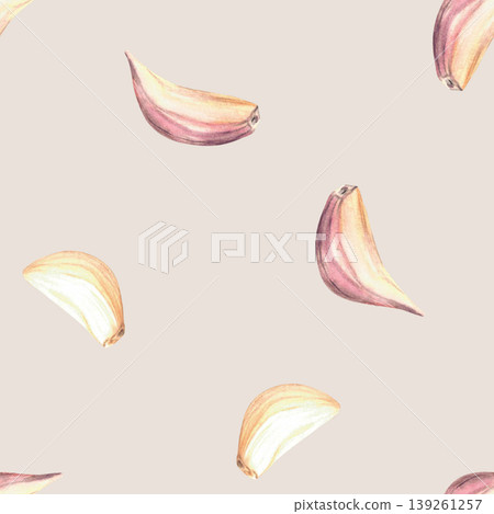 Watercolor garlic cloves with and without peel seamless pattern. Aromatic spices vegetables, food seasoning. Hand drawn illustration on isolated beige pastel coloured background for packaging, fabric. Watercolor garlic cloves with and without peel seamless pattern. Aromatic spices vegetables, food seasoning. Hand drawn illustration on isolated beige pastel coloured background for packaging, fabric. 139261257