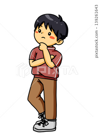 A young elementary school boy is looking upwards, his hand on his chin, deep in thought. A young elementary school boy is looking upwards, his hand on his chin, deep in thought. 139261643