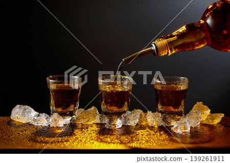 Whiskey pours from bottle to glass. 139261911