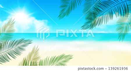 陽光明媚的熱帶海灘景色,棕櫚樹搖曳,藍天白雲。 陽光明媚的熱帶海灘景色,棕櫚樹搖曳,藍天白雲。 139261936