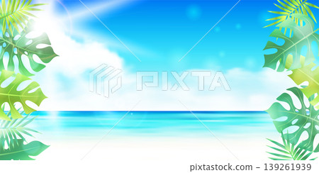 龜背竹葉框和熱帶海灘夏日度假場景 龜背竹葉框和熱帶海灘夏日度假場景 139261939