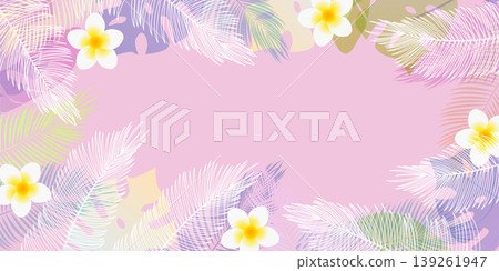 A tropical floral frame adorned with plumeria and palm leaves. 139261947