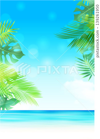熱帶海灘風光,以棕櫚葉和藍天為背景。 熱帶海灘風光,以棕櫚葉和藍天為背景。 139261950