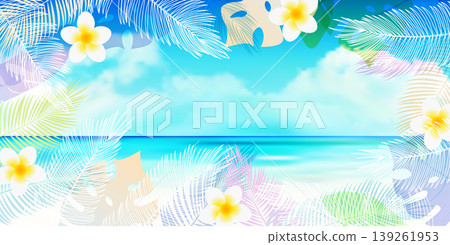 A tropical summer beach backdrop adorned with plumeria flowers and palm leaves. A tropical summer beach backdrop adorned with plumeria flowers and palm leaves. 139261953