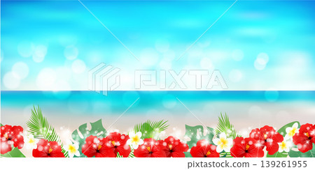熱帶海灘背景,點綴著芙蓉花,營造出美麗的散景效果。 熱帶海灘背景,點綴著芙蓉花,營造出美麗的散景效果。 139261955