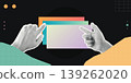 Trendy Halftone Collage of two halftone hands holding stacked colorful gradient cards, symbolizing content creation and digital media production, ideal for creative and marketing content. 139262020