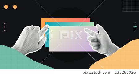 Trendy Halftone Collage of two halftone hands holding stacked colorful gradient cards, symbolizing content creation and digital media production, ideal for creative and marketing content. 139262020