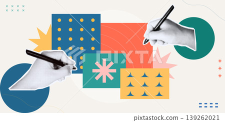 Trendy Halftone Collage of two halftone hands writing on colorful geometric pattern cards with star burst, symbolizing creative collaboration and teamwork, ideal for design and agency content. Trendy Halftone Collage of two halftone hands writing on colorful geometric pattern cards with star burst, symbolizing creative collaboration and teamwork, ideal for design and agency content. 139262021