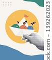 Trendy Halftone Collage of a halftone hand holding a paper boat with diverse team characters and a flag, symbolizing empowering growth and leadership, ideal for teamwork and corporate content. 139262023