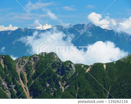 Yatsugatake Mountains as seen from Mt. Senjōgatake in the Southern Alps during summer. Yatsugatake Mountains as seen from Mt. Senjōgatake in the Southern Alps during summer. 139262116