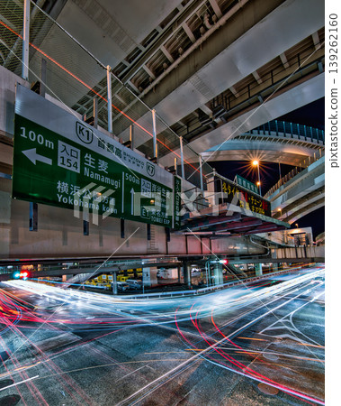 Night view of the Namamugi Junction on the Metropolitan Expressway: Light trails captured by long exposure. Night view of the Namamugi Junction on the Metropolitan Expressway: Light trails captured by long exposure. 139262160