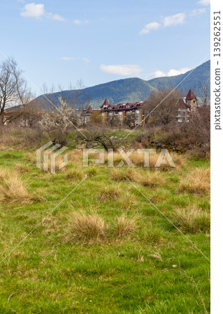 buildings in bansko, snowy pirin peaks in bulgaria 139262551