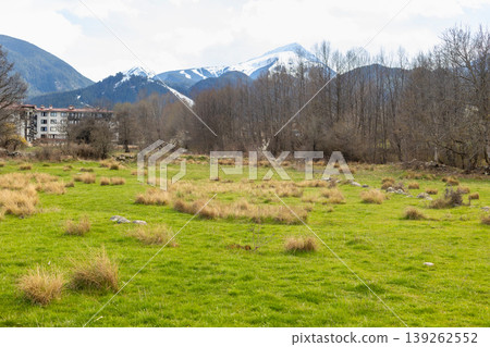 buildings in bansko, snowy pirin peaks in bulgaria buildings in bansko, snowy pirin peaks in bulgaria 139262552