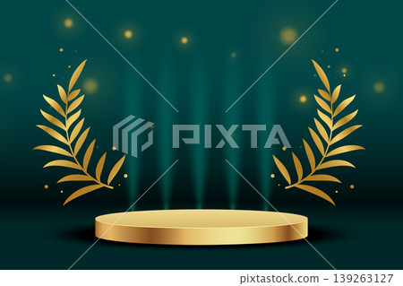 elegant 3d podium stand with golden leaves and light effect 139263127
