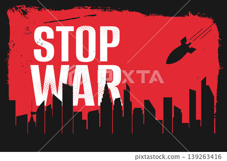 stop war skyline city grungy texture poster with falling bomb 139263416