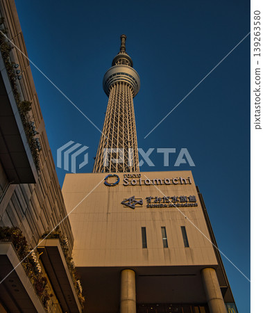 A panoramic view of Tokyo Skytree and Tokyo Solamachi, illuminated by the setting sun. A panoramic view of Tokyo Skytree and Tokyo Solamachi, illuminated by the setting sun. 139263580