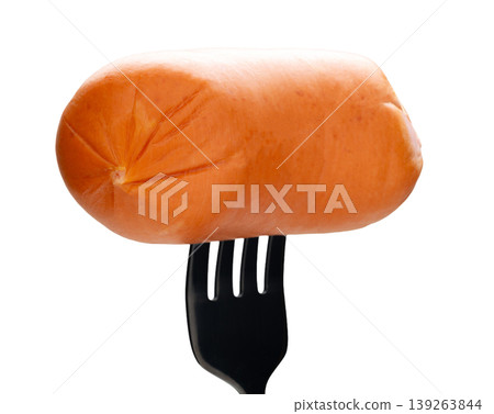 Appetizing sausage on a fork, isolated on white background Appetizing sausage on a fork, isolated on white background 139263844