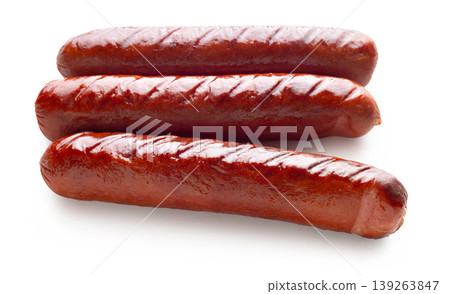 Appetizing fried sausages close-up on a white isolated background 139263847