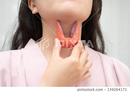 Hyperthyroidism, Overactive Thyroid, Thyroid Lymphoma, Asian woman with thyroid gland human anatomy model. 139264171