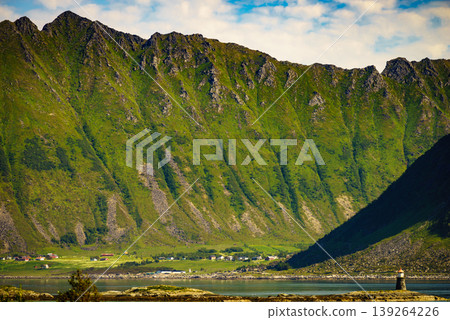 Gimsoy lighthouse on sea rocks, Lofoten Norway. Gimsoy lighthouse on sea rocks, Lofoten Norway. 139264226
