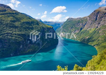 Fjord Geirangerfjord with cruise ship, Norway. Fjord Geirangerfjord with cruise ship, Norway. 139264229