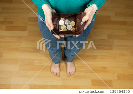 Barefoot person holding a coin pouch, modest income or financial carefulness. Barefoot person holding a coin pouch, modest income or financial carefulness. 139264300