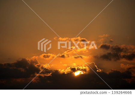 Dramatic Sunset Sky with Golden Sun and Dark Clouds. Intense, beautiful nature background. Dramatic Sunset Sky with Golden Sun and Dark Clouds. Intense, beautiful nature background. 139264666