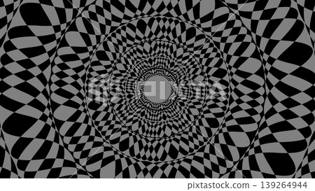 Monochrome op art illustration with concentric distorted circles. Black and gray geometric pattern creating a mesmerizing tunnel effect. Abstract digital art background. Monochrome op art illustration with concentric distorted circles. Black and gray geometric pattern creating a mesmerizing tunnel effect. Abstract digital art background. 139264944