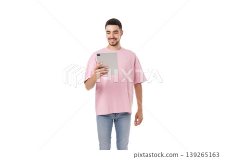 Man interacts with a tablet and smiles while standing, isolated, PNG Man interacts with a tablet and smiles while standing, isolated, PNG 139265163