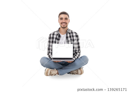 Man showcases a portable laptop, isolated, PNG 139265171
