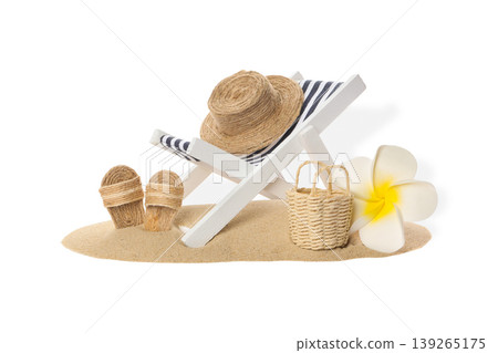 Chair with a hat, sandals, and a flower on sand, PNG Chair with a hat, sandals, and a flower on sand, PNG 139265175