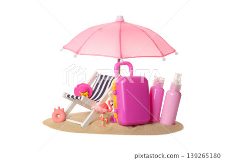 Beach chair with pink umbrella and travel items set up, PNG Beach chair with pink umbrella and travel items set up, PNG 139265180