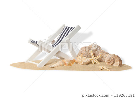 Beach chair near seashells and starfish on sand, PNG 139265181