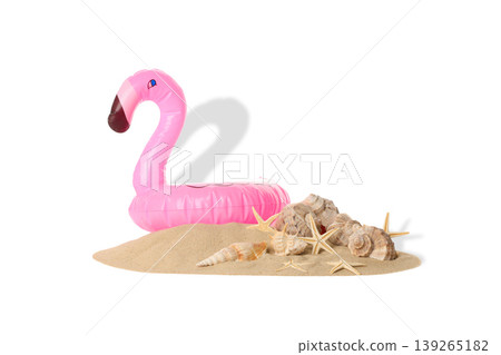 Inflatable flamingo among seashells on sandy ground, PNG Inflatable flamingo among seashells on sandy ground, PNG 139265182