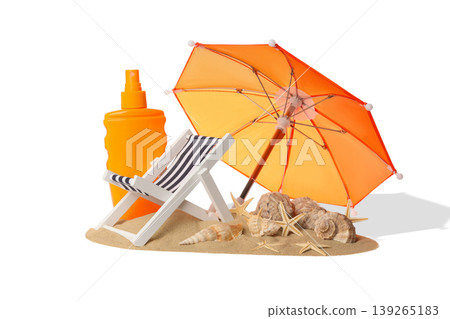 Beach chair, orange umbrella, sunscreen, and shells, PNG 139265183