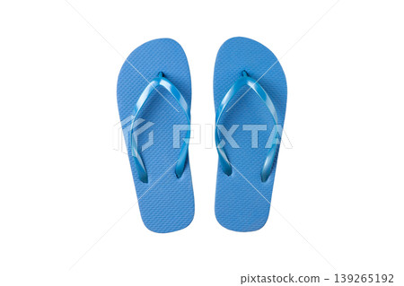 Bright blue flip flops placed on a surface for summer, PNG 139265192