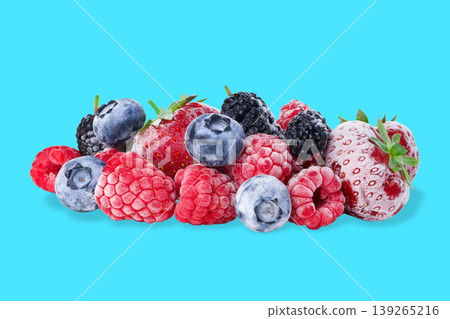 Fresh berries arranged together on a blue table Fresh berries arranged together on a blue table 139265216