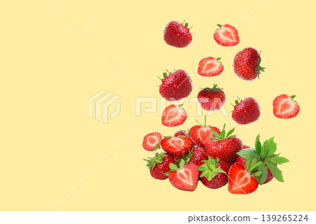 Group of strawberries scattered with mint leaves around Group of strawberries scattered with mint leaves around 139265224