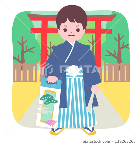 【人生階段】一位男孩穿著和服,在鳥居前拍照,慶祝他的七五三節。 【人生階段】一位男孩穿著和服,在鳥居前拍照,慶祝他的七五三節。 139265263