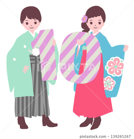【人生階段】10 歲男孩和女孩穿著袴參加半成年儀式(慶祝 10 歲生日)。 【人生階段】10 歲男孩和女孩穿著袴參加半成年儀式(慶祝 10 歲生日)。 139265267