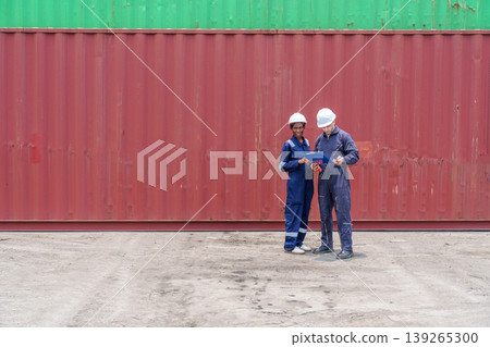 Diverse logistics supervisors standing at a shipping terminal to manage inventory and international trade operations near large freight containers, perfect for distribution industry ads. 139265300