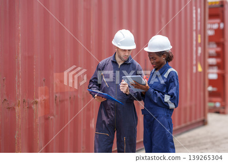 Professional industrial workers checking inventory on electronic device and clipboard for supply chain management at an Asian shipping terminal, ideal for teamwork and technology concepts. 139265304