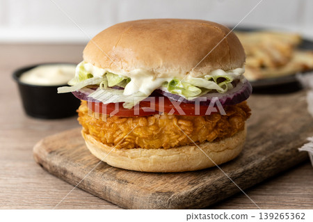 Crispy chicken burger with french fries Crispy chicken burger with french fries 139265362