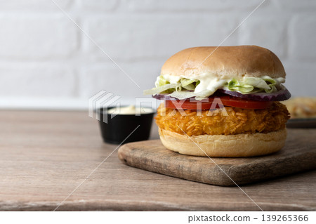 Crispy chicken burger with french fries 139265366