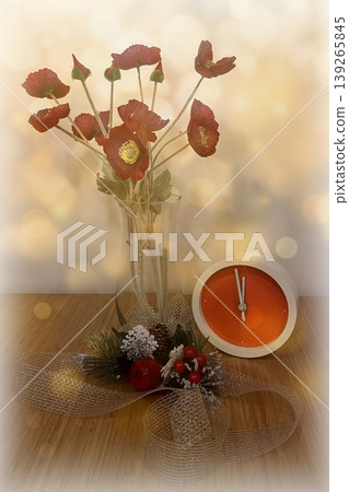 New Year Countdown Still Life with Clock and Red Flowers. A festive scene featuring a modern red clock at five minutes to midnight, paired with red poppies and winter decor. New Year Countdown Still Life with Clock and Red Flowers. A festive scene featuring a modern red clock at five minutes to midnight, paired with red poppies and winter decor. 139265845