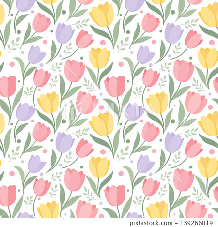 Seamless Tulip Floral Pattern with Pastel Flowers on Dark Background Seamless Tulip Floral Pattern with Pastel Flowers on Dark Background 139266019