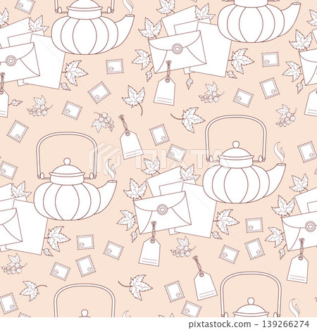 Line Art Seamless Pattern. Porcelain Teapots and Vintage Letters. Outline Currant Berries, Leaves and Envelopes on Pink Background. Slow Living. Minimalist Botanical Kitchenware. Vector Illustration. Line Art Seamless Pattern. Porcelain Teapots and Vintage Letters. Outline Currant Berries, Leaves and Envelopes on Pink Background. Slow Living. Minimalist Botanical Kitchenware. Vector Illustration. 139266274