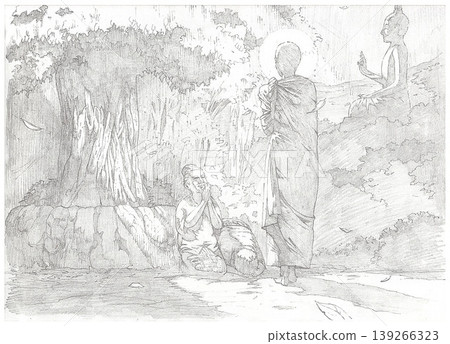 enlightenment young novice monk with devoted parents pencil sketch 139266323