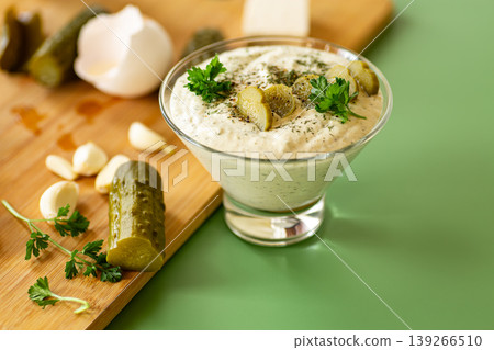 Fresh creamy dressing with garlic cucumber and rustic styling Fresh creamy dressing with garlic cucumber and rustic styling 139266510
